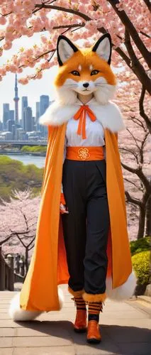 Kitsune cosplay, orange fox ears headband, fluffy tail attached to back of costume, white and orange fur-trimmed cloak, intricate golden embroidery, sleeveless orange shirt, high collar, black pants w