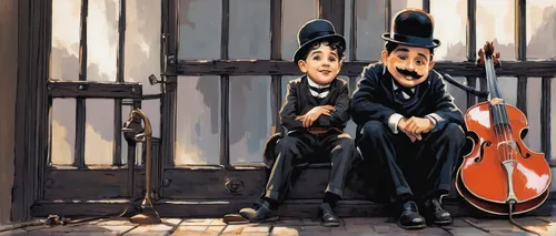 Chaplin's World2020 Music Charlot et le Kid,violinists,street musicians,musicians,double bass,violins,violist,musical ensemble,violone,string instruments,violoncello,violin family,bass violin,sock and