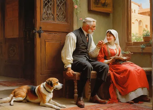 girl with dog,young couple,german red cross,father with child,courtship,boy and dog,old couple,appenzeller sennenhund,east-european shepherd,asher durand,hanover hound,woman holding pie,man and wife,old english terrier,woman with ice-cream,man in red dress,woman eating apple,basset artésien normand,italian painter,the listening,Art,Classical Oil Painting,Classical Oil Painting 42