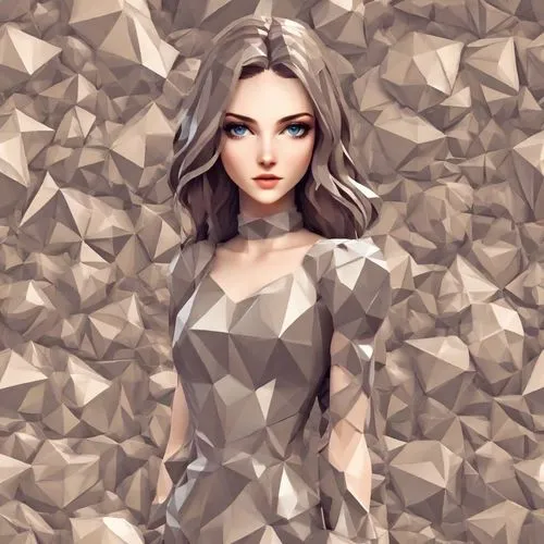 3d rendering of a woman in dress made from triangular shapes,diamond background,faceted diamond,diamond wallpaper,silver,diamante,triangles background,Digital Art,Low-Poly