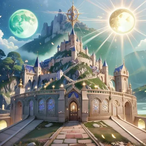 castle in the night with full moon in the sky,fairy tale castle,fairytale castle,gold castle,defense,defend,knight's castle,Anime,Anime,General