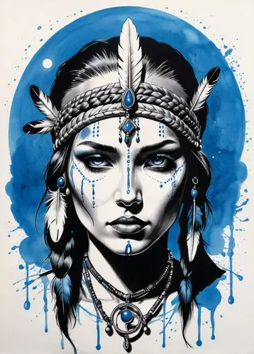 woman blue eyes  lying in water, sunset and moon. Javier carbajo style,american indian,the american indian,duenas,amerindien,native american,amerindian,arapaho,iroquois,apollon,hiawatha,pocahontas,ill