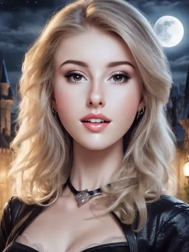 Beautiful blonde lady, dressed like Buffy the Vampire Slayer.. Night. Moonlit castle in the background. Photorealistic. Cinematic..,an image of a woman in a black leather outfit,vampy,dhampir,vampire 