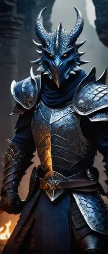 Black dragonborn, male, muscular, scales glisten in dark blue, sharp claws, horns, fierce eyes, nostrils flaring, angry expression, black leather armor, silver trim, sword at side, standing heroically