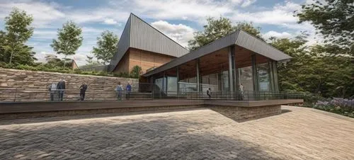 DISEÑO EXTERIOR DE UN COMEDOR  PARA UNA NAVE INDUSTRIAL, TERRAZAS CON MUROS DE PIEDRA, PERSONAS,CESPED, VENTANALES DE CRISTAL AMPLIOS, VISTAS PANORAMICAS, VEGETACION EXUBERANTE,an open air pavilion wi