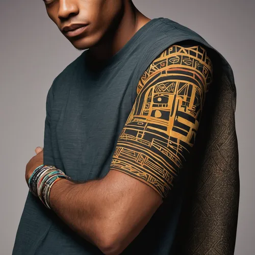 Design a tribal-inspired sleeve with geometric patterns,sleeve,tattoos,martial,on the arm,tattooed,hieroglyphs,arm,arms,forearm,african american male,with tattoo,tattoo artist,hieroglyph,kendrick lama