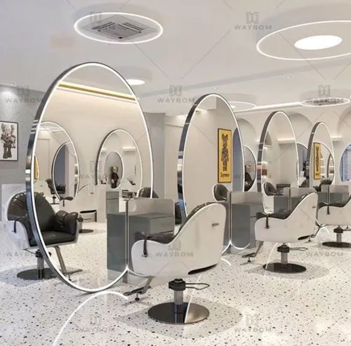 a hair salon with mirrors, chairs and pos,salon,hairdressing salon,barber beauty shop,salons,hairdryers,coiffeur