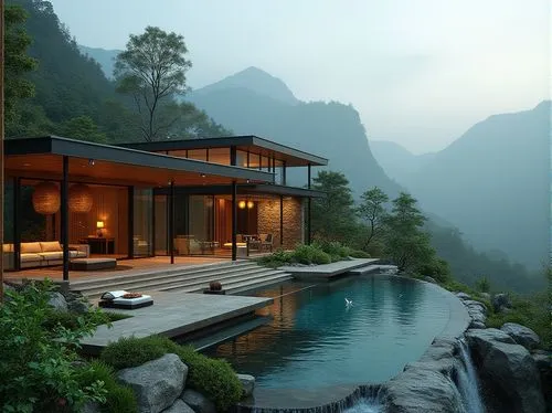 house in mountains,house in the mountains,pool house,amanresorts,infinity swimming pool,beautiful home,Photography,General,Realistic