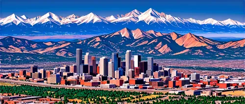 Denver Colorado map USA, aerial view, cityscape, urban landscape, Rocky Mountains in background, blue sky with white clouds, detailed streets and roads, buildings and skyscrapers, vibrant colors, 3/4 