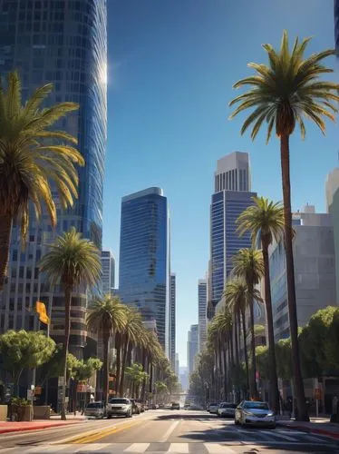 Urban cityscape, Los Angeles, 960 E 3rd St, 90013, downtown area, modern skyscrapers, busy streets, traffic lights, pedestrians walking, palm trees lining the sidewalk, blue sky with white clouds, war