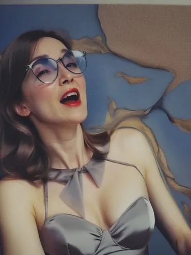 The excited expression on the face of a 30-year-old woman who is about to come.,a woman in a dress with glasses holding soing,watercolor pin up,pin-up girl,pin-up model,retro pin up girl,pin up girl,p