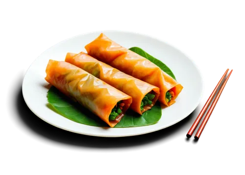 Spring rolls, Vietnamese food, transparent wrapper, shrimp, vegetables, mint leaves, crispy fried exterior, soft interior, white plate, wooden chopsticks, Asian-style table setting, warm lighting, sha