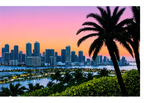 Miami cityscape, skyscrapers, modern architecture, glass windows, steel frames, balconies, palm trees, sunset, warm colors, high angle shot, panoramic view, dramatic lighting, vibrant city life, urban