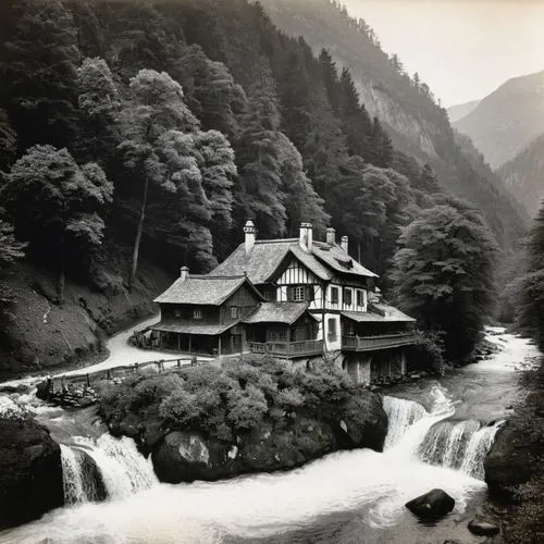 High mountain. There is a house and tavern/ A river is flowing near them There are also many trees and waterfall.,triberg,austro,fossen,berghof,albula,kleinwalsertal,anterselva,orava,koenigssee,valdag