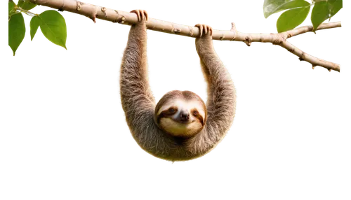 Slow-moving sloth, hanging upside down, curled up body, soft fluffy fur, claws grasping wooden branch, serene facial expression, relaxed posture, morning dew, dappled sunlight filtering through leaves