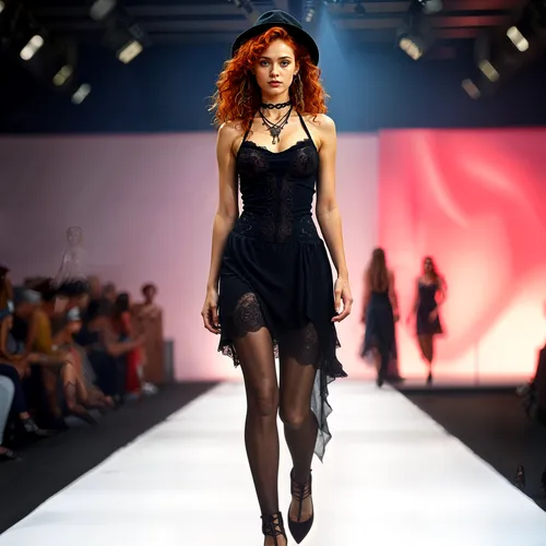 a model in a  dress and high heels walks on the runway,dress walk black,runway,catwalk,catwalks,gaultier,runways