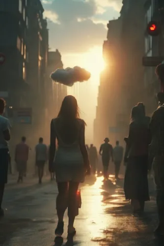 The woman in the middle is walking around, with dark clouds and rain above her head,a woman walking down the road as sun sets,the sun and the rain,golden rain,bladerunner,cloud atlas,cloudburst,hurlan