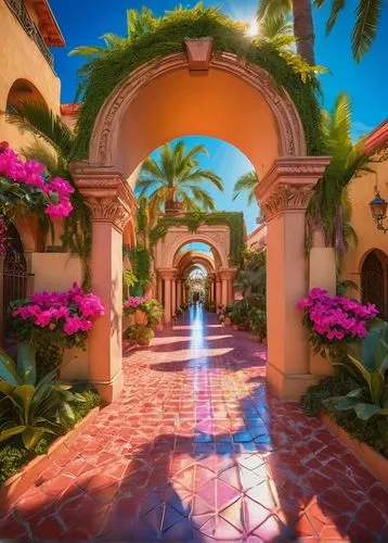 Architectural, sun-kissed pathway, Mediterranean-style villa, warm beige stone walls, large arches, ornate iron gates, lush greenery, tall palm trees, vibrant bougainvillea flowers, blue sky with puff