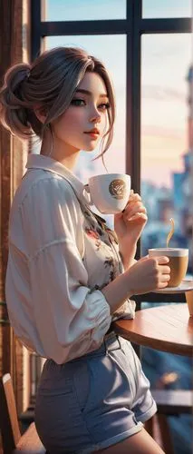 An anime girl in stylish shorts and a cute blouse, sipping coffee at a trendy café, with large windows letting in the city’s hustle and bustle.,woman at cafe,woman drinking coffee,coffee background,wo