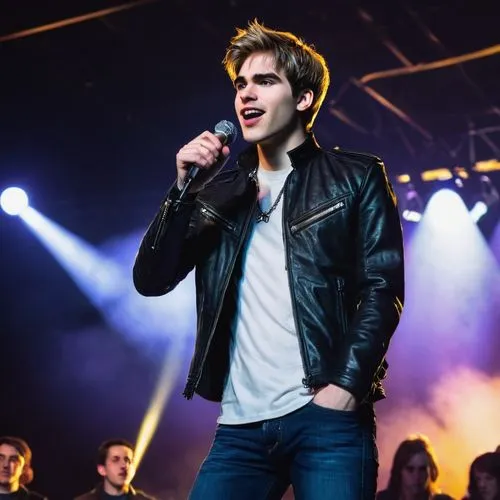 MatPat, SpringTrap, standing, confident posture, blue eyes, messy blond hair, slight smirk, black leather jacket, white shirt, dark blue jeans, silver chain necklace, holding a microphone, concert sta