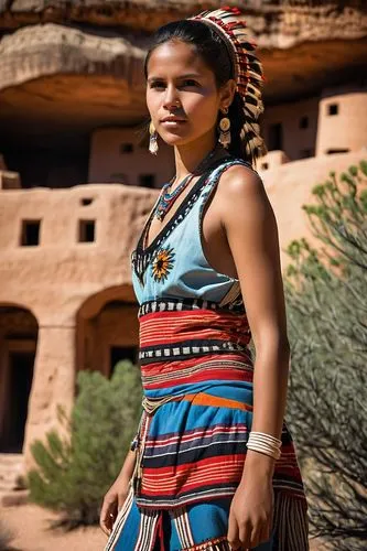 a beautiful young latin woman in a tribal costume ((in front of the Gila Cliff Dwellings)), (soft contrast), professional photography, Documental photography, landscape, sunny day, fine details, shot 