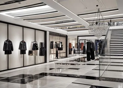 Modern Loft interior of a premium showroom, a store of very expensive clothes and accessories, men's and women's department, Hermes, Dior, Chanel brands hanging on hangers and standing on pedestals,wa