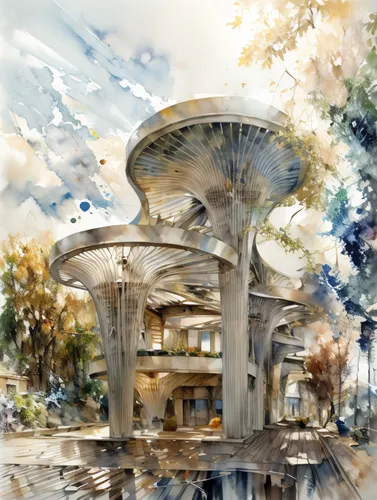 futuristic landscape,watercolor cafe,watercolor shops,futuristic architecture,city fountain,watertower,futuristic art museum,water tower,artificial island,pillars,sky city,mushroom landscape,highway roundabout,teacups,watercolor tea shop,hiroshima,watercolor paris shops,watercolor,gazebo,urban landscape