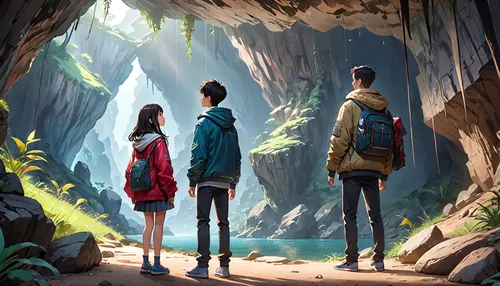 travelers,hikers,forest walk,world digital painting,sci fiction illustration,digital nomads,studio ghibli,exploration,chasm,in the forest,concept art,cg artwork,girl and boy outdoor,adventure game,journey,adventure,wander,hike,game illustration,finding,Anime,Anime,General