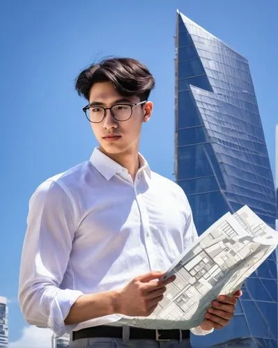 Architecture graduate, male, 25yo, bespectacled, short black hair, white shirt, dark blue trousers, holding blueprint, standing in front of modern skyscraper, cityscape, sunny day, clear blue sky, few