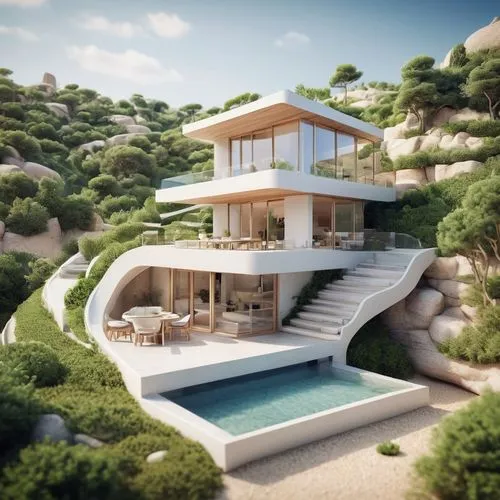 dunes house,3d rendering,modern house,luxury property,dreamhouse,holiday villa,Unique,3D,Panoramic