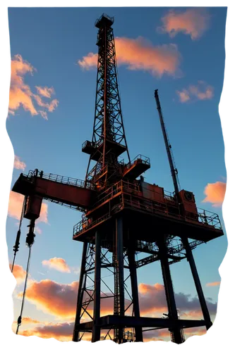 Oil rig, industrial machinery, metallic structure, pipes, valves, drilling equipment, sunset background, dramatic clouds, warm color tone, low-angle shot, wide-angle lens, realistic texture, detailed 