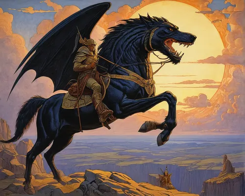 bronze horseman,heroic fantasy,horseman,black horse,pegasus,black dragon,fantasy picture,man and horses,king of the ravens,fantasy art,horsemen,dragon of earth,sci fiction illustration,pegaso iberia,dragoon,dance of death,black shepherd,alpha horse,mergus,daemon,Illustration,Retro,Retro 19