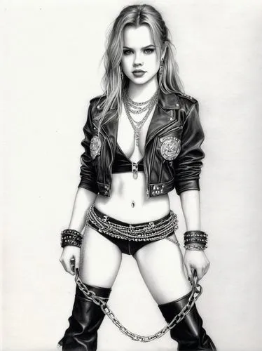 JILLIAN JANSON, in 1990s Heavy Metal clothes, chains, rivets,madonna,charcoal drawing,pencil drawing,pencil drawings,charcoal pencil,celtic queen,female warrior,poison,barbwire,charcoal,bad girl,barb 