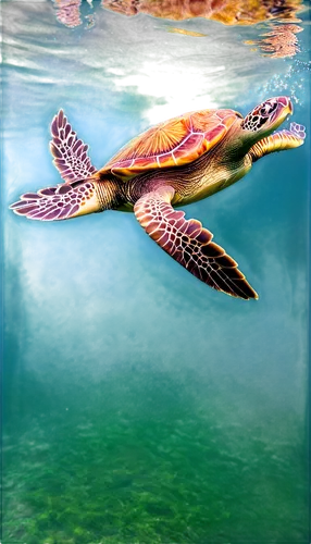 Sea turtle, swimming pose, ocean scene, tropical atmosphere, scaly skin, green shell, yellow stripes, flippers outstretched, saltwater splashes, morning light, soft focus, shallow depth of field, warm