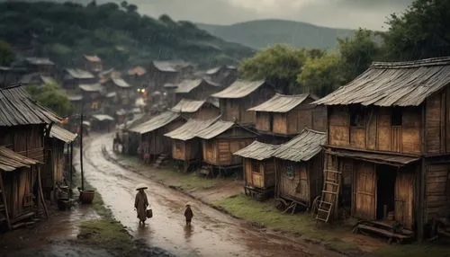 wooden houses,mud village,korean folk village,mountain village,row of houses,korean village snow,village life,human settlement,stilt houses,villages,slums,mountain huts,traditional village,mountain settlement,world digital painting,escher village,hanging houses,huts,yunnan,alpine village,Photography,General,Cinematic