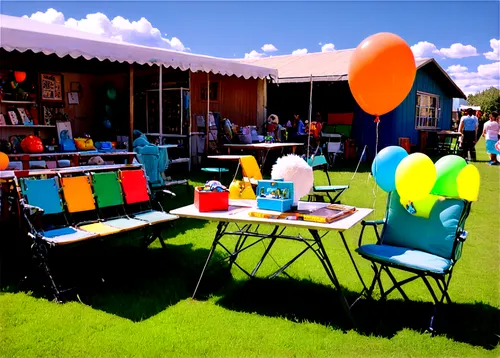 Outdoor yard sale scene, sunny day, blue sky, white fluffy clouds, green grass, colorful tables and racks, vintage items on display, old toys, second-hand books, antique furniture, balloons tied to ch