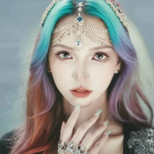 挂耳染,a beautiful girl in costume with a headpiece,ice princess,porcelain doll,seohyun,fairy queen,gorani,hyoty,ice queen,diadem,chae,fei,nayong,gyuri,ethereal,solar,mt seolark,spica,black pearl,doll's 