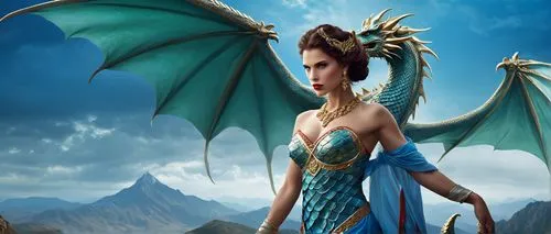 Female dragon anthro, standing, powerful muscular body, scales in shades of blue and silver, long curly brown hair, piercing green eyes, elegant eyebrows, red lipstick, golden earrings, claws extended