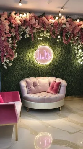 Hermosa Sala de espera de lujo  Espacio instagrameable de tienda de maquillaje de lujo con letrero luminoso y flores guirnaldas colgantes rosas espacio donde todas la chicas quieren tomarse fotos para