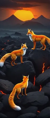 fox stacked animals,foxes,firefox,vulpes vulpes,fox hunting,lava river,swift fox,mozilla,desert fox,volcanic field,redfox,fox,red fox,lava,campfire,volcanic landscape,orange sky,kit fox,sand fox,south american gray fox,Illustration,Abstract Fantasy,Abstract Fantasy 17