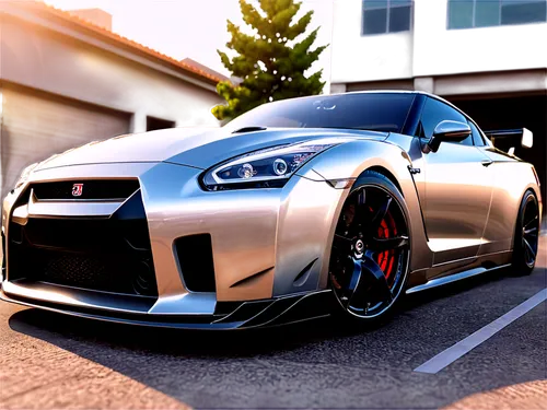 GTR car, sleek design, sporty, metallic silver paint, black rims, low-angle shot, morning light, shallow depth of field, soft focus on background, cinematic composition, HDR, detailed texture, reflect