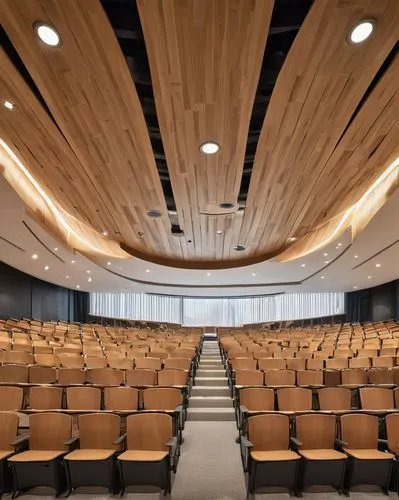 Modern lecture hall, interior design, architectural acoustics, soundproofing materials, wooden panels, curved ceiling, reverberation control, sound-absorbing surfaces, diffusers, loudspeakers, microph