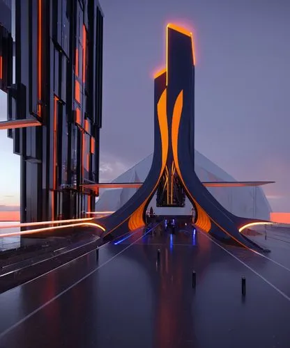 futuristic architecture ,a futuristic looking building with orange lights and curves in the middle,sky space concept,futuristic art museum,skylon,futuristic architecture,silico,futuristic landscape