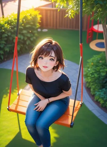 The camera captures a vibrant display of acacia's skin as a young woman with short brown hair and red lips sitting in a swing  a sunny park, her head tilted to the side as if she's been walking in the