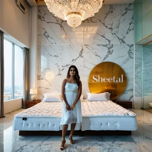 a young woman in a white dress stands in front of a large matress building, holding a large matress with a written sign that reads "sheetal" at the beginning of the space. The design features a white 