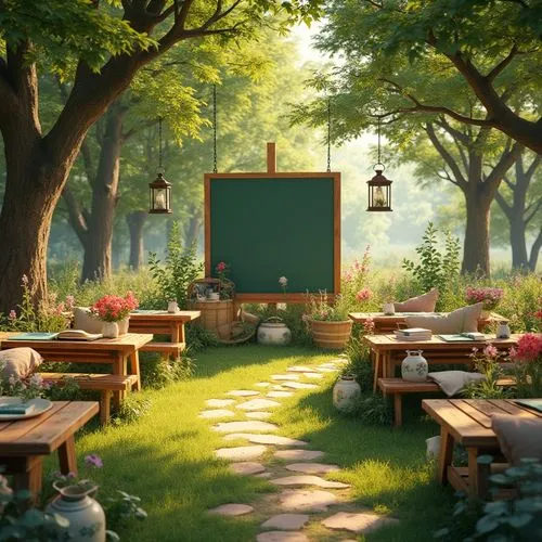 Meadow-inspired learning environment, warm sunlight filtering through, green grass carpet, colorful wildflowers blooming, gentle breeze whispering, wooden benches scattered, vintage lanterns hanging f