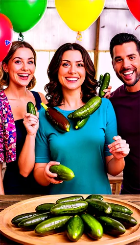 National Pickle Day, celebration, joyful atmosphere, colorful decorations, giant pickle balloons, pickle-shaped confetti, smiling faces, happy people holding pickles, yellow and green theme, rustic wo