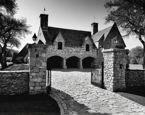 Drawing of a (small (one-story) medieval German-style Keep and walls with a driveway and garage, small gatehouse, stone walls and battlements, Texas countryside (large yard), terrace, (orchard), (moat