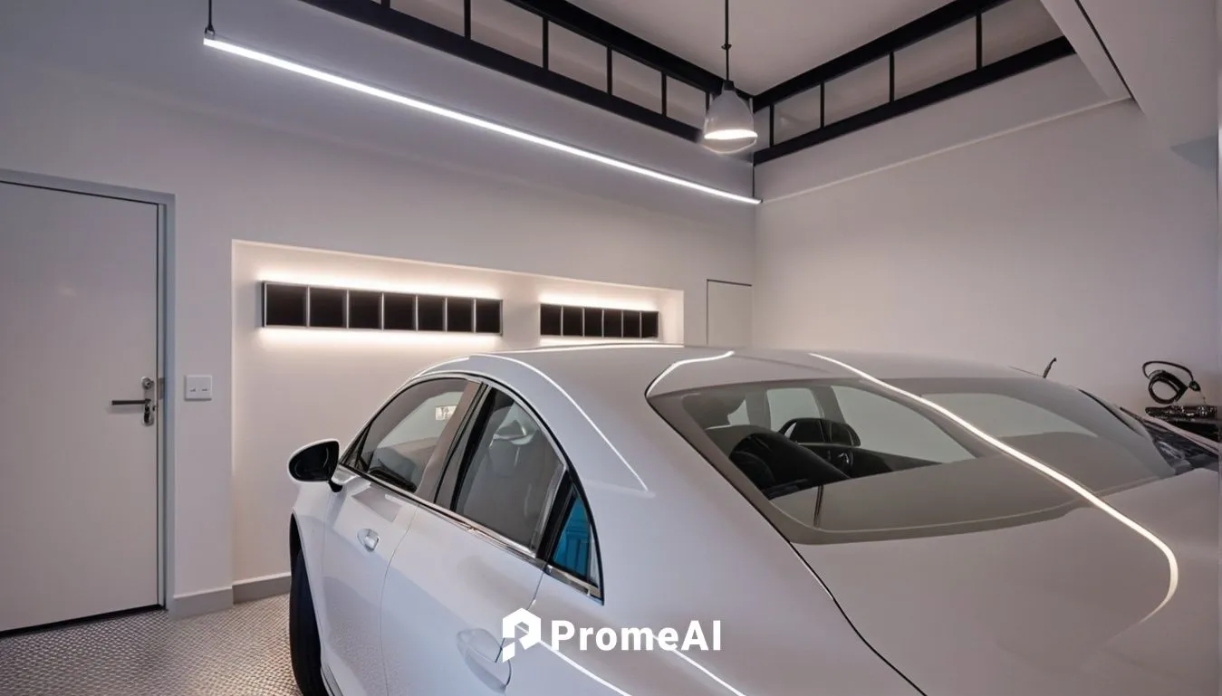 A highly detailed photo of a modern, aesthetically pleasing garage interior designed to fit two cars. The space features sleek lines, clean finishes, and ample lighting, with organized storage on the 