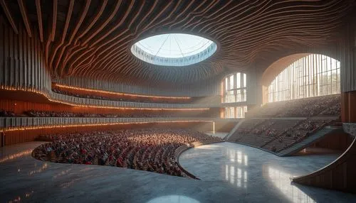 Auditorium, modern architecture, corrugated iron, curved lines, metallic texture, silver color, complex structure, geometric shapes, grand staircase, marble flooring, soft box lighting, warm ambient a